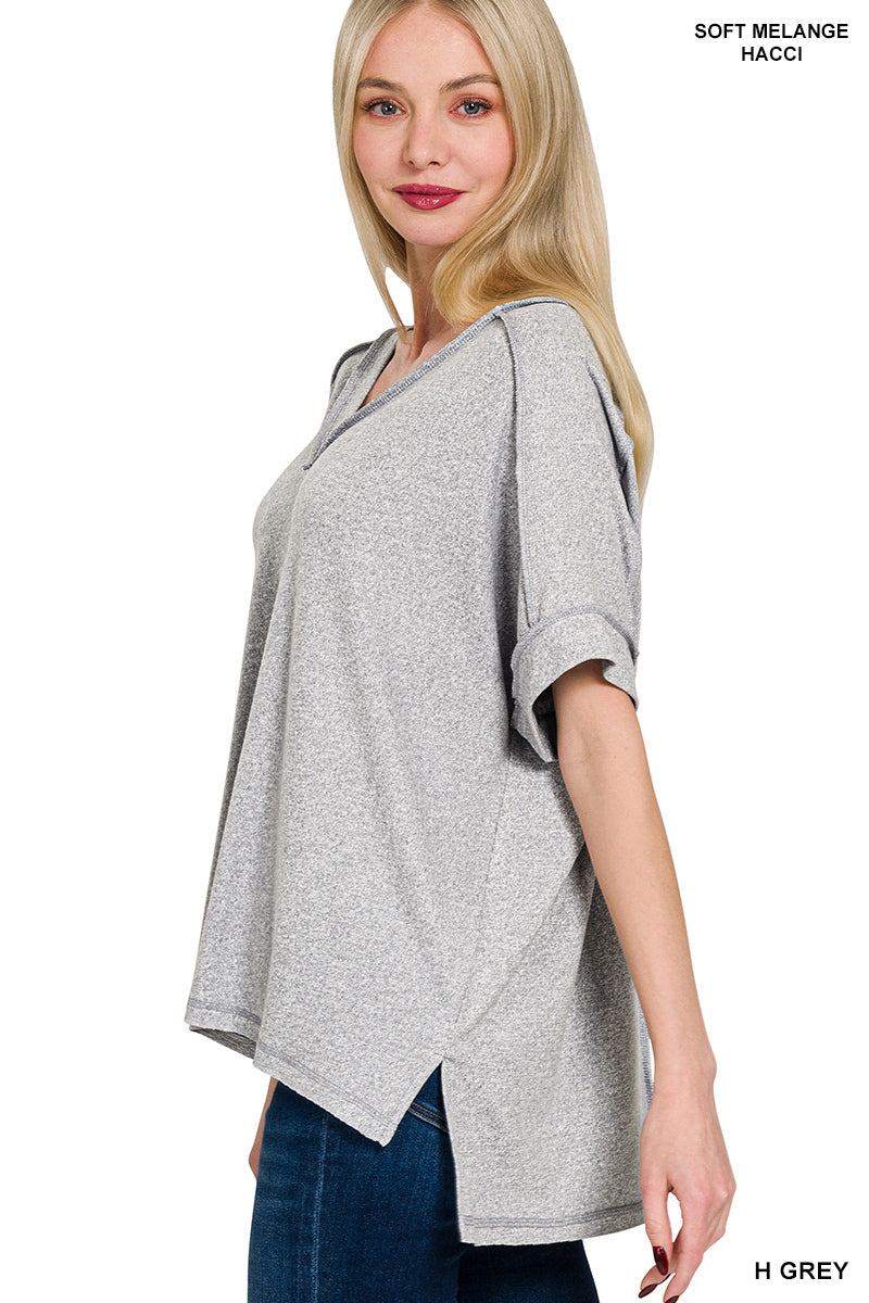 Soft Melange Hacci V-Neck Short Sleeve Hi-Low Tee